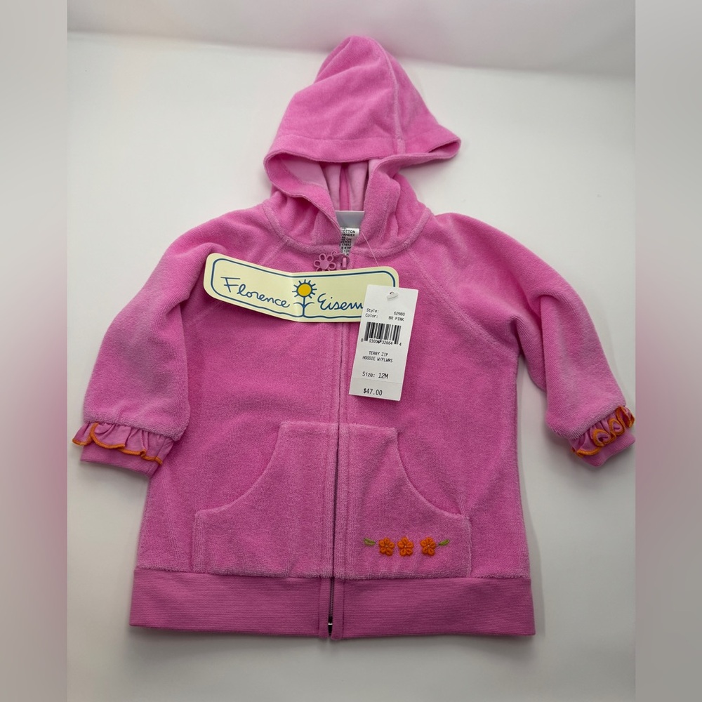 NWT Florence Eiseman Pink Hooded Terry Jacket with Floral Details